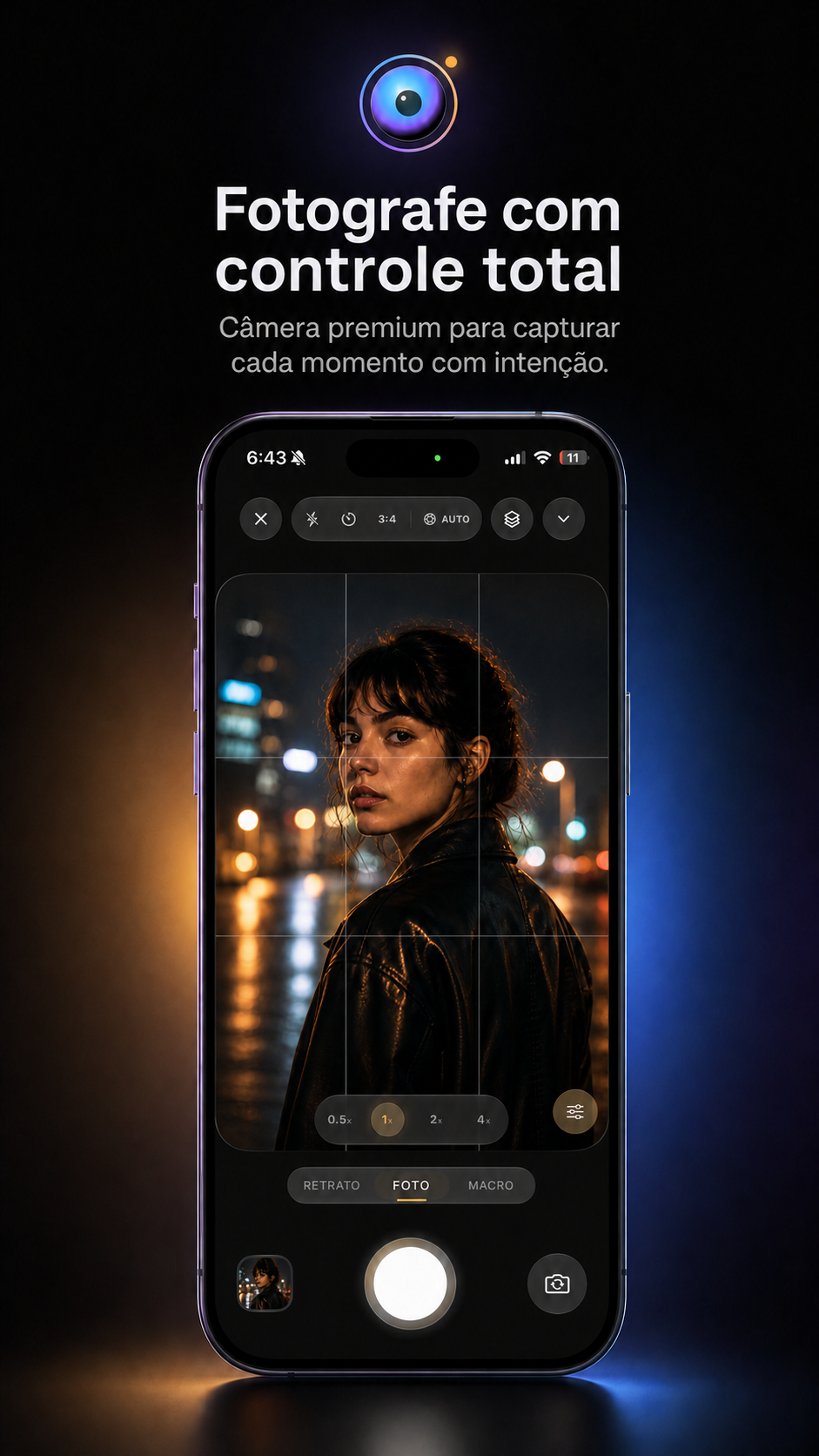 Tela de câmera do Iris fotografando uma pessoa à noite